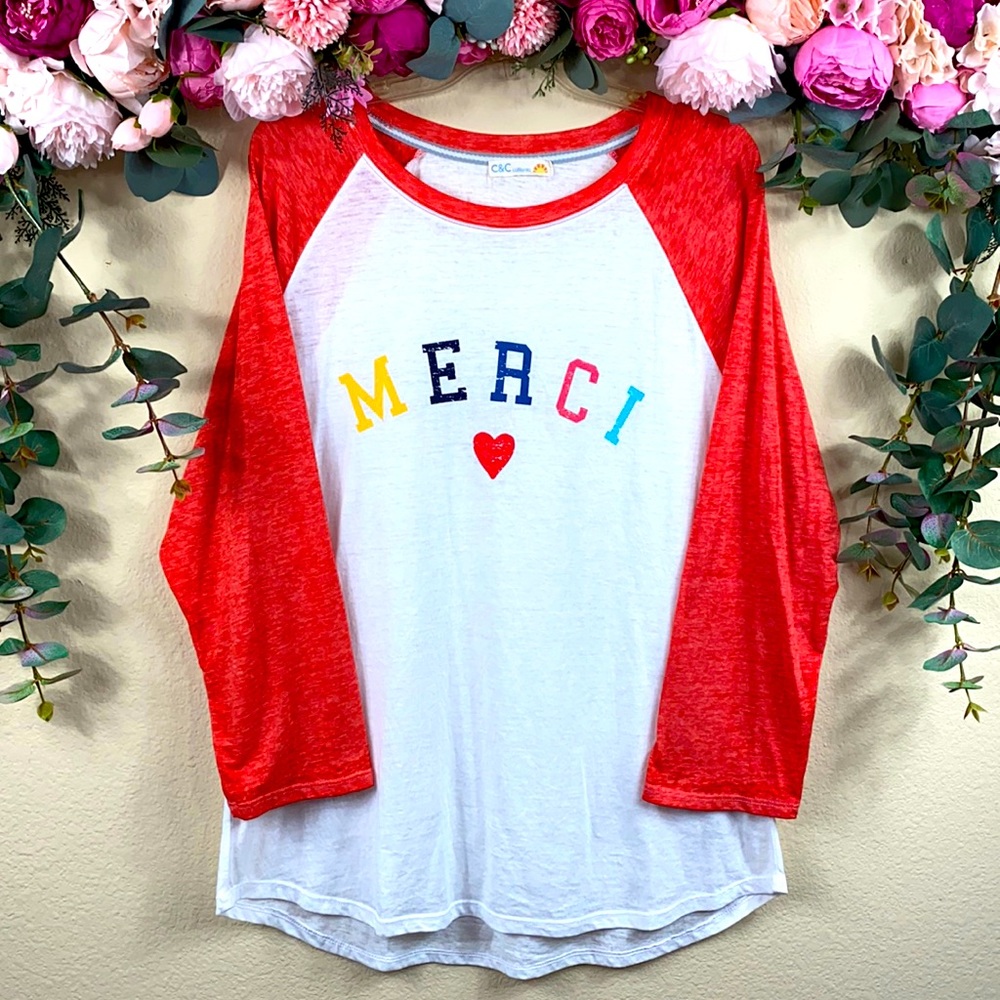 •c&c california• “MERCI” white {Baseball Tee} w [Red Sleeves]
